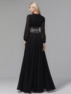 NumberSea - A - Line Evening Dress Celebrity Red Carpet Formal Gown Black Tie Wedding Guest Floor Length Long Sleeve V Neck Chiffon with Sequin