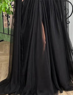 NumberSea - A - Line Evening Gown Black Dress Formal Masquerade Court Train Long Sleeve V Neck Wednesday Addams Family Chiffon with Buttons Slit Appliques