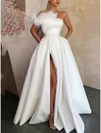 NumberSea - A - Line Evening Gown Black Dress Plus Size Formal High Split Floor Length Sleeveless One Shoulder Satin with Feather Slit