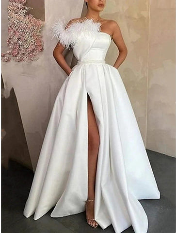 NumberSea - A - Line Evening Gown Black Dress Plus Size Formal High Split Floor Length Sleeveless One Shoulder Satin with Feather Slit