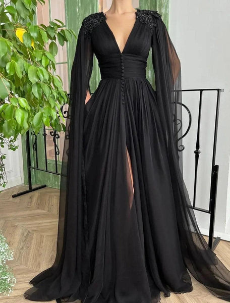 NumberSea-A-Line Evening Gown Black Dress Plus Size Formal Masquerade Court Train Long Sleeve V Neck Wednesday Addams Family Chiffon with Buttons Slit