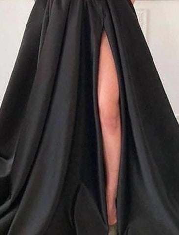 NumberSea - A - Line Evening Gown Black Dress Plus Size Vintage Formal Wedding Guest Court Train Long Sleeve One Shoulder Satin with Feather Slit