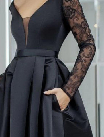 NumberSea - A - Line Evening Gown Black Dress Plus Size Vintage Halloween Wedding Guest Asymmetrical Long Sleeve V Neck Satin with Pleats Lace Insert