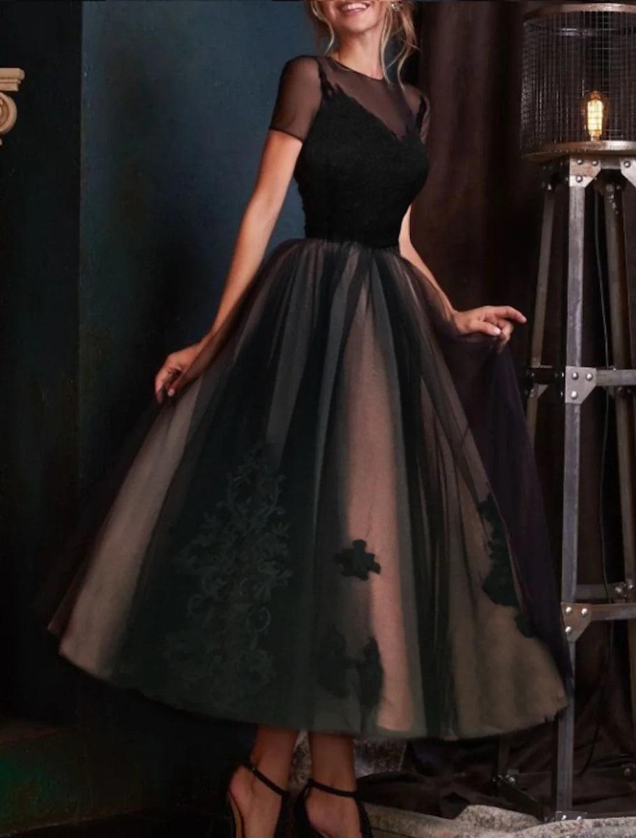 NumberSea - A - Line Evening Gown Black Dress Plus Size Vintage Halloween Wedding Party Ankle Length Short Sleeve Illusion Neck Wednesday Addams Family Lace with Pleats Embroidery