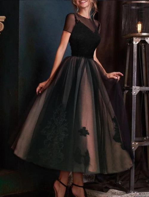 NumberSea - A - Line Evening Gown Black Dress Plus Size Vintage Halloween Wedding Party Ankle Length Short Sleeve Illusion Neck Wednesday Addams Family Lace with Pleats Embroidery
