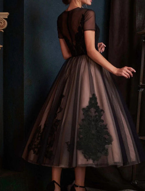 NumberSea - A - Line Evening Gown Black Dress Plus Size Vintage Halloween Wedding Party Ankle Length Short Sleeve Illusion Neck Wednesday Addams Family Lace with Pleats Embroidery