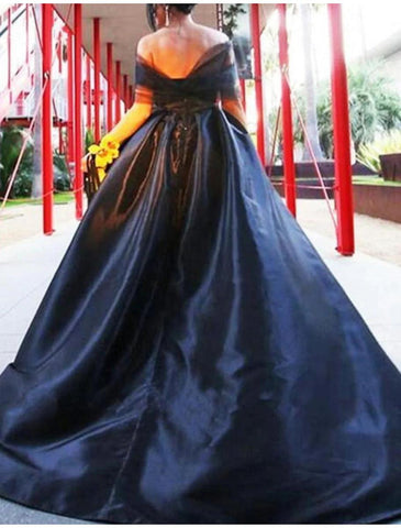 NumberSea - A - Line Evening Gown Black Dress Plus Size Vintage Halloween Wedding Party Asymmetrical Short Sleeve Illusion Neck Wednesday Addams Family Satin with Pleats Tiered