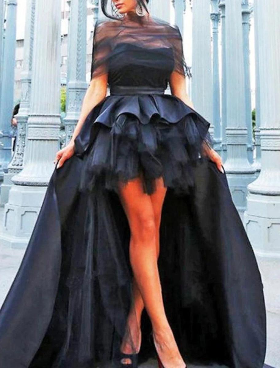 NumberSea - A - Line Evening Gown Black Dress Plus Size Vintage Halloween Wedding Party Asymmetrical Short Sleeve Illusion Neck Wednesday Addams Family Satin with Pleats Tiered