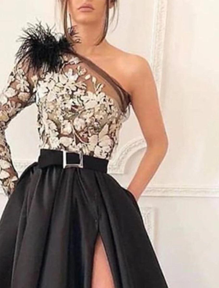 NumberSea - A - Line Evening Gown Black Dress Vintage Formal Wedding Guest Court Train Long Sleeve One Shoulder Satin with Feather Slit