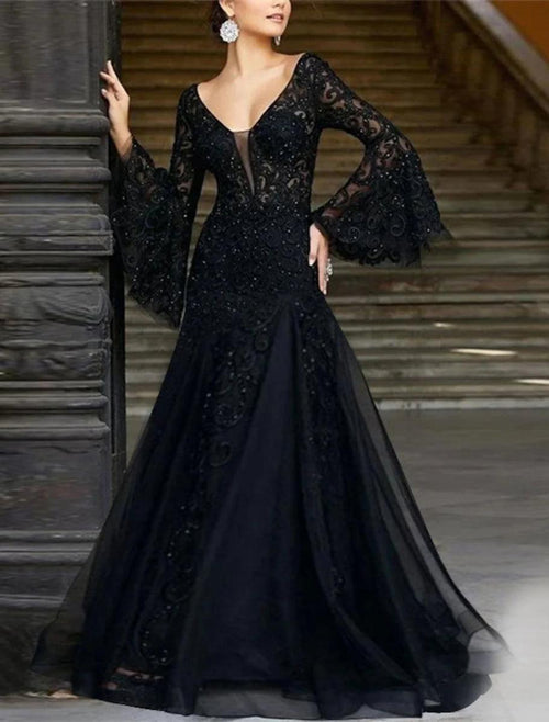 NumberSea - A - Line Evening Gown Black Dress Vintage Formal Wedding Guest Floor Length Long Sleeve V Neck Lace with Appliques