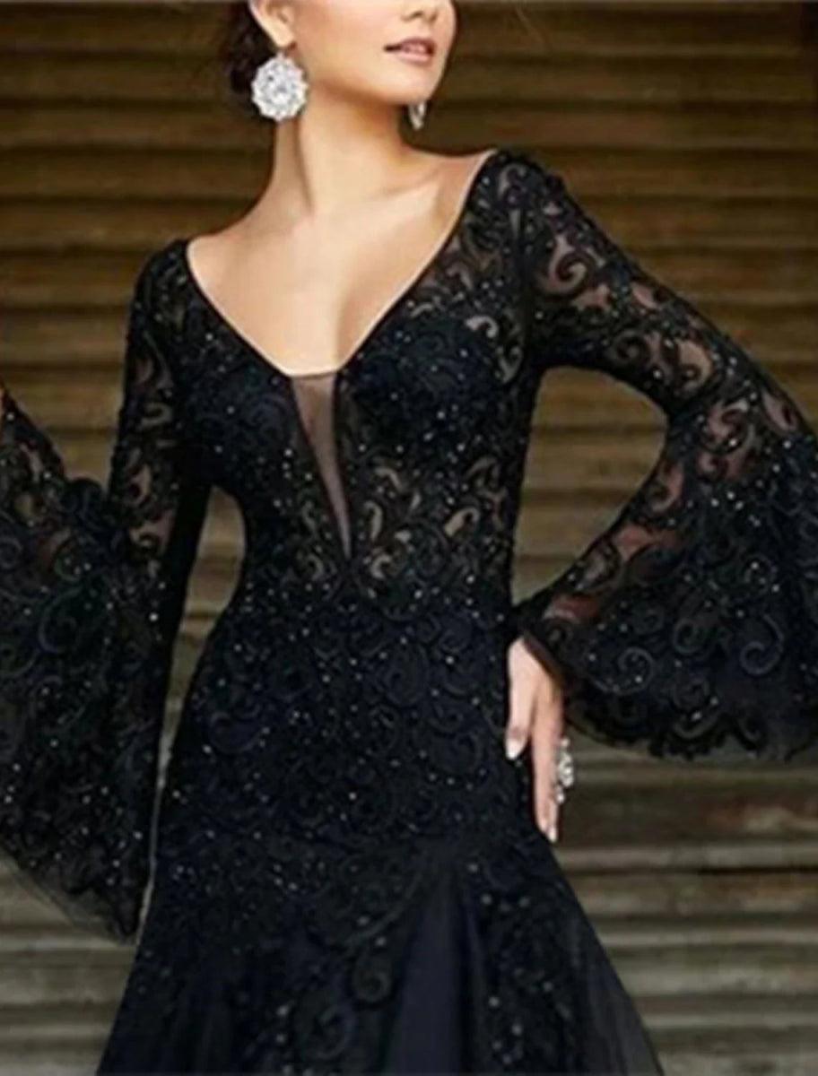 NumberSea - A - Line Evening Gown Black Dress Vintage Formal Wedding Guest Floor Length Long Sleeve V Neck Lace with Appliques