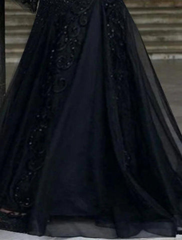 NumberSea - A - Line Evening Gown Black Dress Vintage Formal Wedding Guest Floor Length Long Sleeve V Neck Lace with Appliques