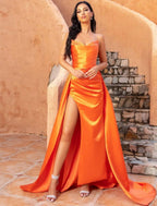 NumberSea - A - Line Evening Gown Celebrity Style Dress Formal Sweep / Brush Train Sleeveless V Neck Satin with Crystals Slit