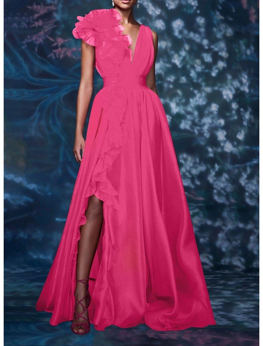 NumberSea - A - Line Evening Gown Celebrity Style Dress Formal Wedding Guest Floor Length Sleeveless V Neck Chiffon with Slit Pure Color