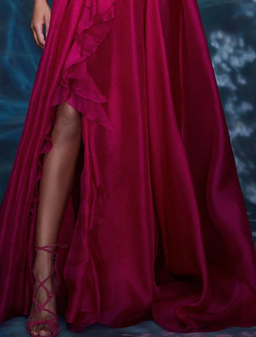 NumberSea - A - Line Evening Gown Celebrity Style Dress Formal Wedding Guest Floor Length Sleeveless V Neck Chiffon with Slit Pure Color