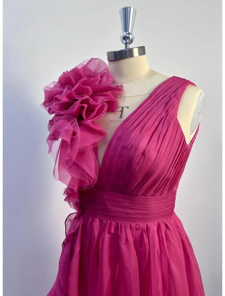 NumberSea - A - Line Evening Gown Celebrity Style Dress Formal Wedding Guest Floor Length Sleeveless V Neck Chiffon with Slit Pure Color