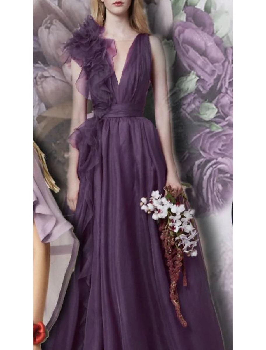 NumberSea - A - Line Evening Gown Celebrity Style Dress Formal Wedding Guest Floor Length Sleeveless V Neck Chiffon with Slit Pure Color