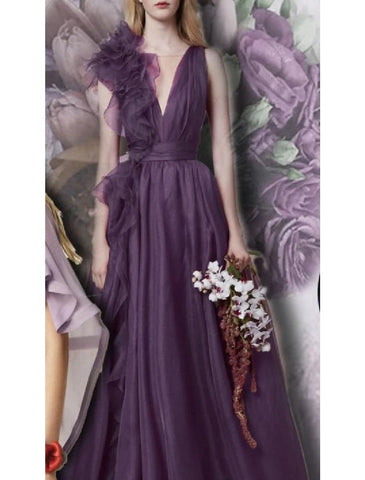 NumberSea - A - Line Evening Gown Celebrity Style Dress Formal Wedding Guest Floor Length Sleeveless V Neck Chiffon with Slit Pure Color