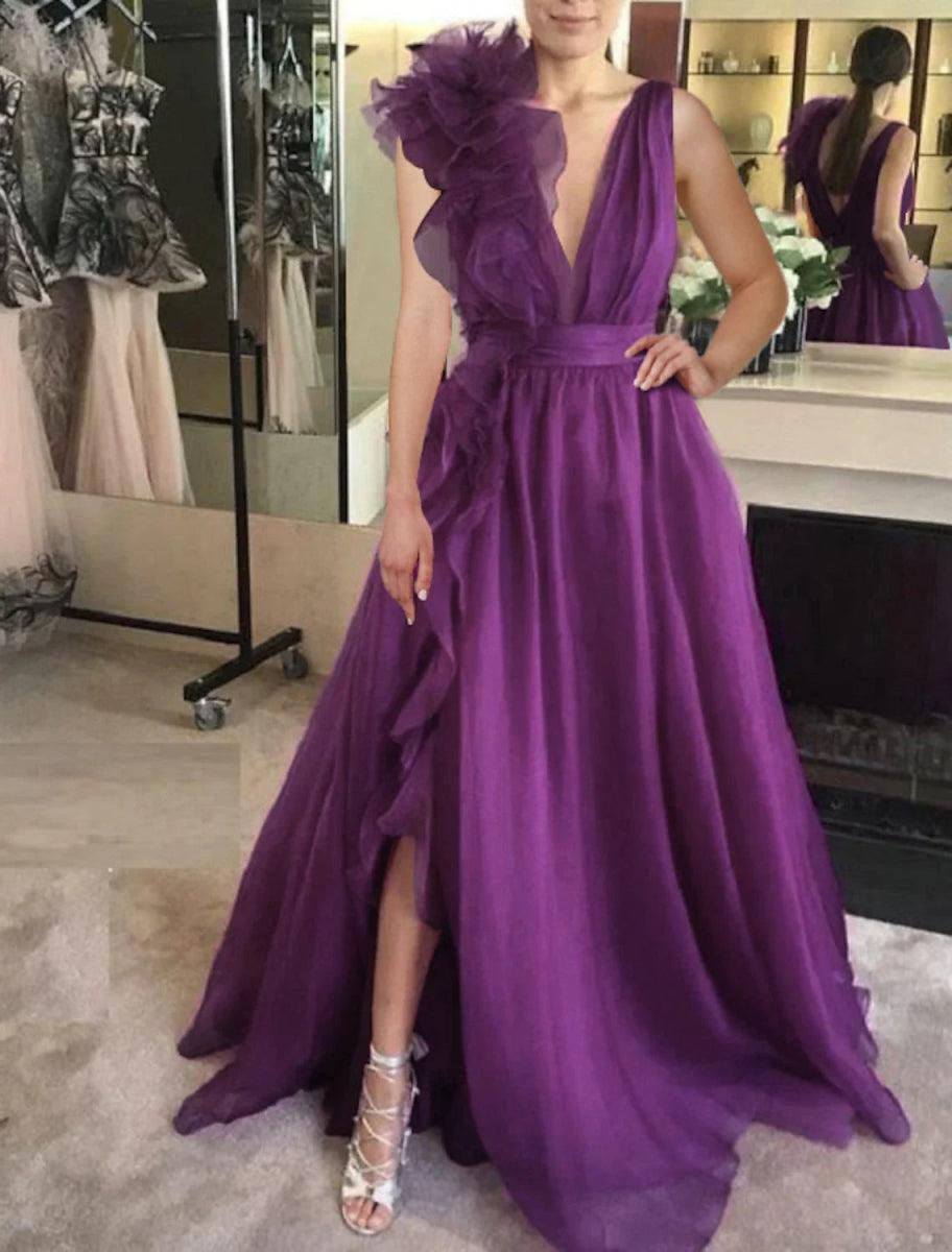 NumberSea - A - Line Evening Gown Celebrity Style Dress Formal Wedding Guest Floor Length Sleeveless V Neck Chiffon with Slit Pure Color