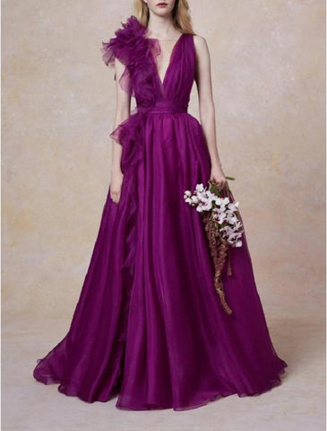 NumberSea - A - Line Evening Gown Celebrity Style Dress Formal Wedding Guest Floor Length Sleeveless V Neck Chiffon with Slit Pure Color