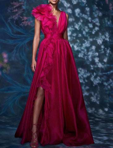 NumberSea - A - Line Evening Gown Celebrity Style Dress Formal Wedding Guest Floor Length Sleeveless V Neck Chiffon with Slit Pure Color