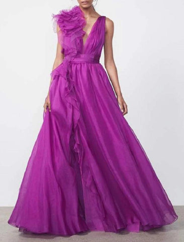 NumberSea - A - Line Evening Gown Celebrity Style Dress Formal Wedding Guest Floor Length Sleeveless V Neck Chiffon with Slit Pure Color
