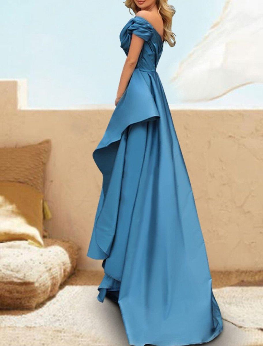 NumberSea - A - Line Evening Gown Celebrity Style Dress Formal Wedding Party Court Train Short Sleeve Off Shoulder Satin with Slit Pure Color