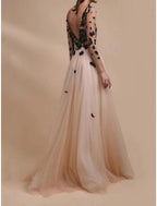 NumberSea - A - Line Evening Gown Champagne Gold Elegant Dress Formal Wedding Guest Sweep / Brush Train Long Sleeve V Neck Tulle with Embroidery