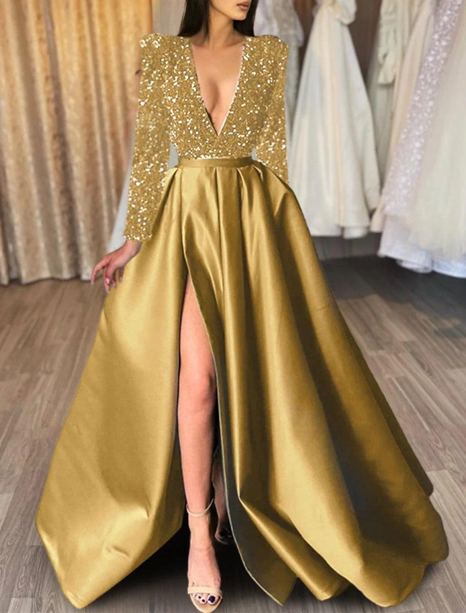 NumberSea-A-Line Evening Gown Christmas Red Green Dress Formal Black Dress Plus Size Wedding Court Train Half Sleeve V Neck Satin with Sequin Slit NumberSea-A-Line Evening Gown Christmas Red Green Dress Formal Black Dress Plus Size Wedding Court Train Half Sleeve V Neck Satin with Sequin Slit