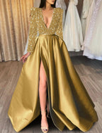 NumberSea - A - Line Evening Gown Christmas Red Green Dress Formal Black Dress Plus Size Wedding Court Train Half Sleeve V Neck Satin with Sequin Slit