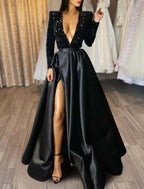 NumberSea - A - Line Evening Gown Christmas Red Green Dress Formal Black Dress Plus Size Wedding Court Train Half Sleeve V Neck Satin with Sequin Slit