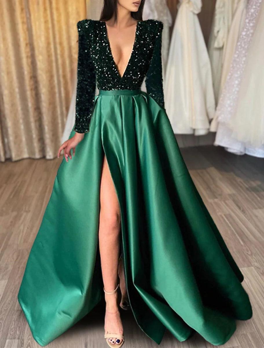 NumberSea-A-Line Evening Gown Christmas Red Green Dress Formal Black Dress Plus Size Wedding Court Train Half Sleeve V Neck Satin with Sequin Slit NumberSea-A-Line Evening Gown Christmas Red Green Dress Formal Black Dress Plus Size Wedding Court Train Half Sleeve V Neck Satin with Sequin Slit