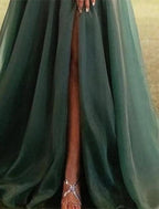 NumberSea - A - Line Evening Gown Christmas Red Green Dress Wedding Guest Prom Sweep / Brush Train Short Sleeve One Shoulder Organza with Ruched Slit