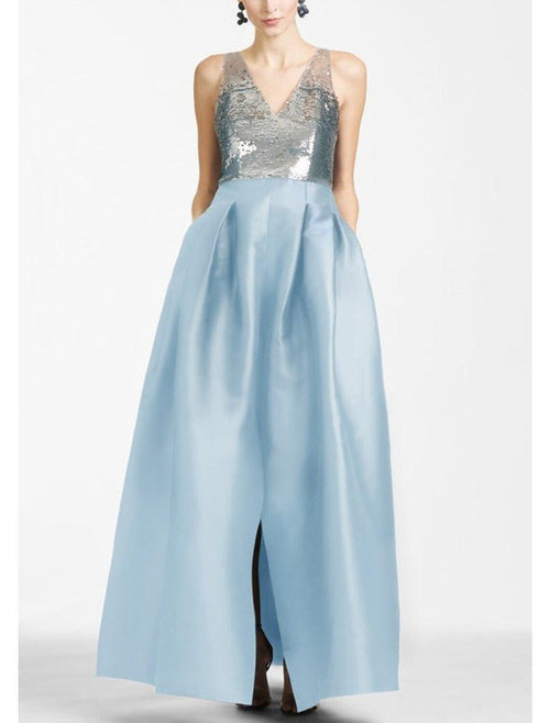 NumberSea - A - Line Evening Gown Color Block Dress Formal Prom Floor Length Sleeveless V Neck Satin with Sequin Slit