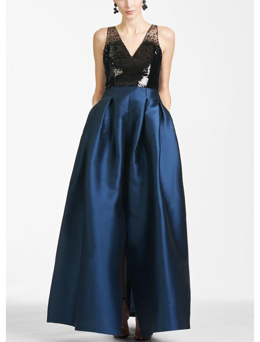 NumberSea - A - Line Evening Gown Color Block Dress Formal Prom Floor Length Sleeveless V Neck Satin with Sequin Slit