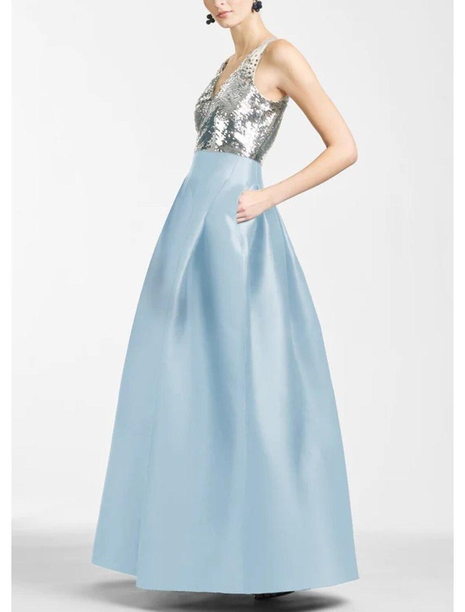 NumberSea - A - Line Evening Gown Color Block Dress Formal Prom Floor Length Sleeveless V Neck Satin with Sequin Slit