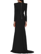 NumberSea - A - Line Evening Gown Elegant Black Champagne Dress Plus Size Dress Formal Sweep / Brush Train Long Sleeve V Neck Stretch Fabric with Pleats Slit