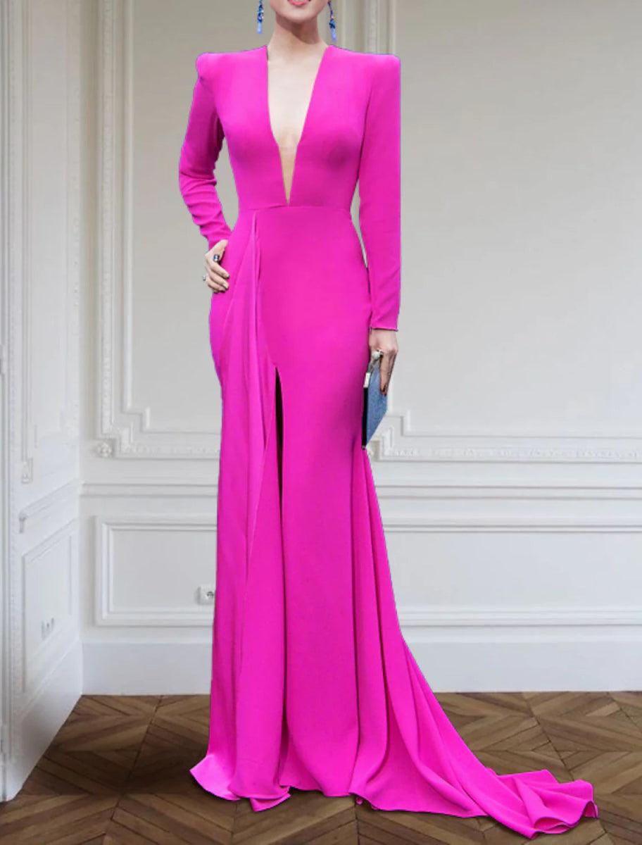 NumberSea - A - Line Evening Gown Elegant Black Champagne Dress Plus Size Dress Formal Sweep / Brush Train Long Sleeve V Neck Stretch Fabric with Pleats Slit