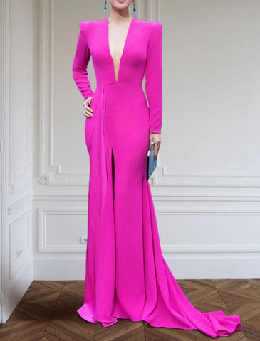 NumberSea - A - Line Evening Gown Elegant Black Champagne Dress Plus Size Dress Formal Sweep / Brush Train Long Sleeve V Neck Stretch Fabric with Pleats Slit