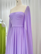 NumberSea - A - Line Evening Gown Elegant Cape Green Dress Formal Fall Floor Length Long Sleeve Square Neck Chiffon with Pleats