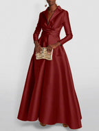 NumberSea - A - Line Evening Gown Elegant Christmas Red Green Dress Formal Wedding Guest Floor Length Long Sleeve Shirt Collar Satin with Ruched