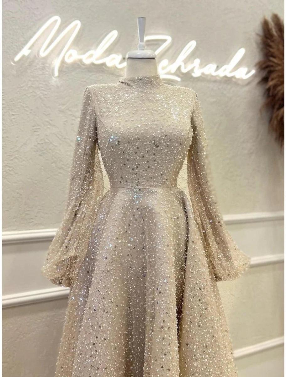 NumberSea-A-Line Evening Gown Elegant Dress Formal Ankle Length Long Sleeve High Neck Sequined with Glitter Pleats NumberSea-A-Line Evening Gown Elegant Dress Formal Ankle Length Long Sleeve High Neck Sequined with Glitter Pleats