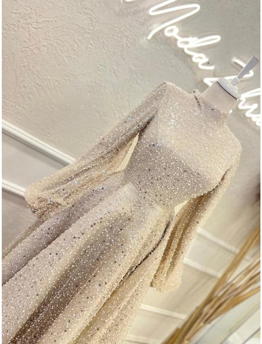 NumberSea-A-Line Evening Gown Elegant Dress Formal Ankle Length Long Sleeve High Neck Sequined with Glitter Pleats NumberSea-A-Line Evening Gown Elegant Dress Formal Ankle Length Long Sleeve High Neck Sequined with Glitter Pleats