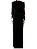 NumberSea - A - Line Evening Gown Elegant Dress Formal Black Dress Floor Length Long Sleeve V Neck Velvet with Buttons Slit