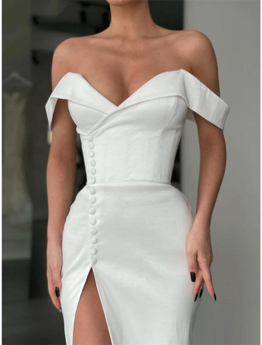 NumberSea - A - Line Evening Gown Elegant Dress Formal Black Dress Plus Size Court Train Long Sleeve Off Shoulder Satin with Buttons Pleats Slit