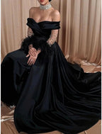 NumberSea - A - Line Evening Gown Elegant Dress Formal Black Dress Sweep / Brush Train Long Sleeve Off Shoulder Satin with Rhinestone Feather Pleats