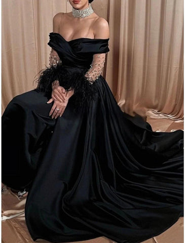 NumberSea - A - Line Evening Gown Elegant Dress Formal Black Dress Sweep / Brush Train Long Sleeve Off Shoulder Satin with Rhinestone Feather Pleats