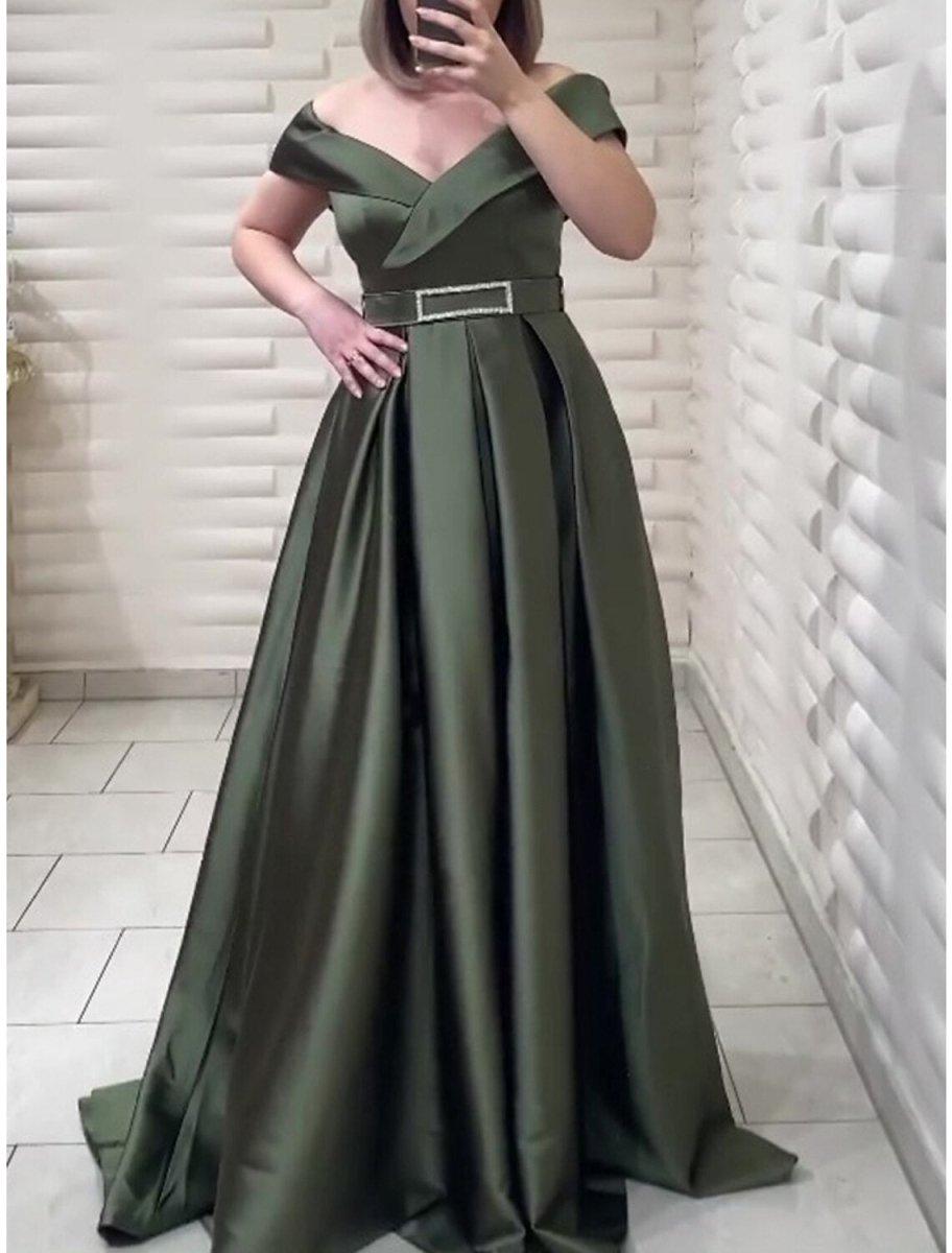 NumberSea - A - Line Evening Gown Elegant Dress Formal Christmas Red Green Dress Sweep / Brush Train Short Sleeve Off Shoulder Satin with Pleats Crystals