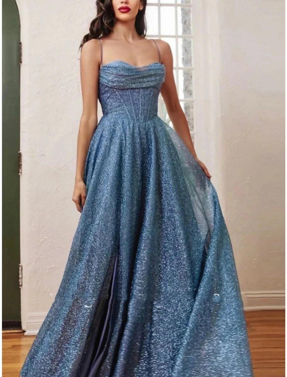 NumberSea - A - Line Evening Gown Elegant Dress Formal Court Train Sleeveless Spaghetti Strap Sequined with Glitter Pleats Ruched