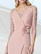 NumberSea - A - Line Evening Gown Elegant Dress Formal Floor Length 3/4 Length Sleeve V Neck Fall Wedding Guest Chiffon with Embroidery